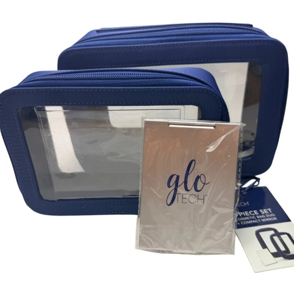 Glo Tech 3 Piece Set Cosmetic Bag Duo +Compact Mirror, Blue